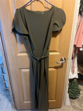 Calvin Klein Olive Green Flutter-Sleeve Maxi with Waist Tie
